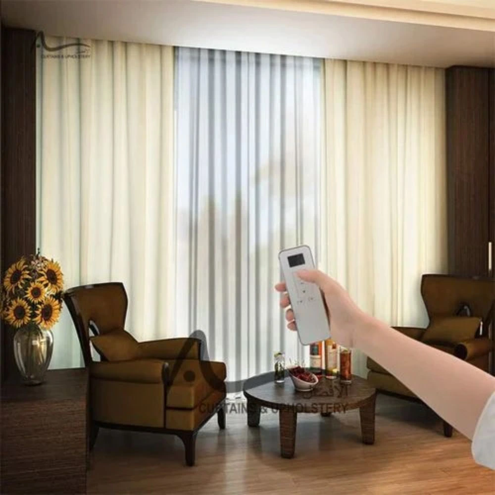 Motorized curtains installed in smart living room