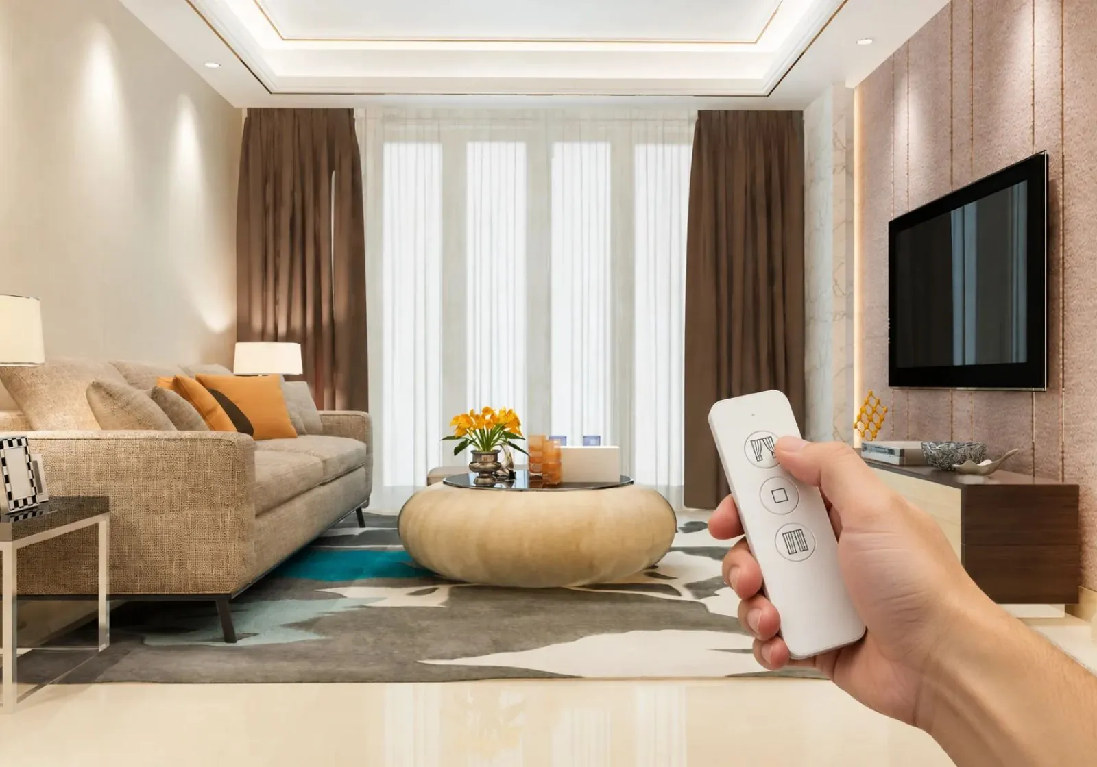 Motorized curtain installed with automated living room track