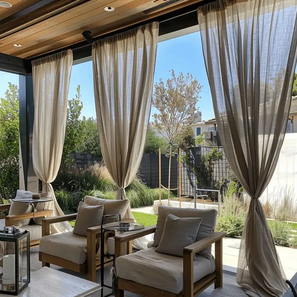 Linen curtains installed on outdoor patio space