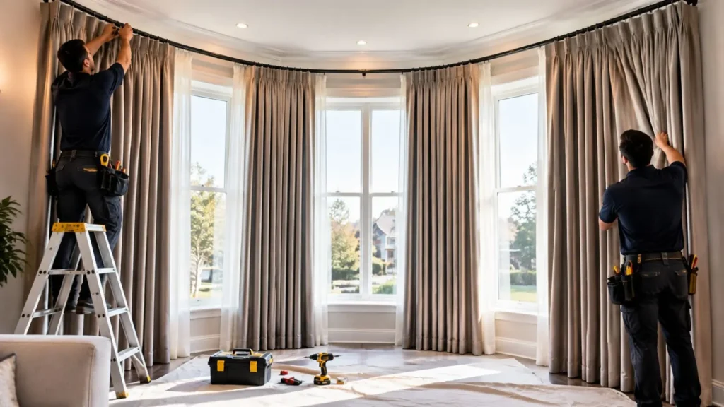 Bay window curtain installation service with elegant drapery