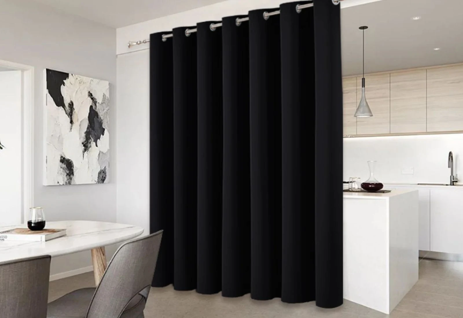 Soundproof blackout curtain installed in quiet bedroom