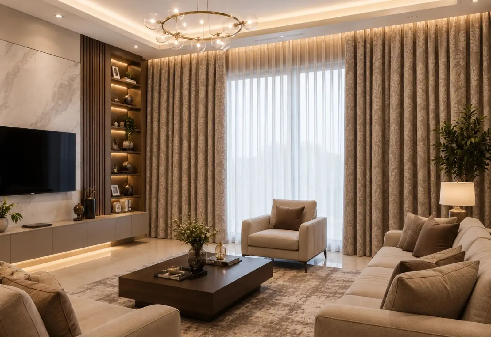 Soundproof jacquard curtain installed in elegant room