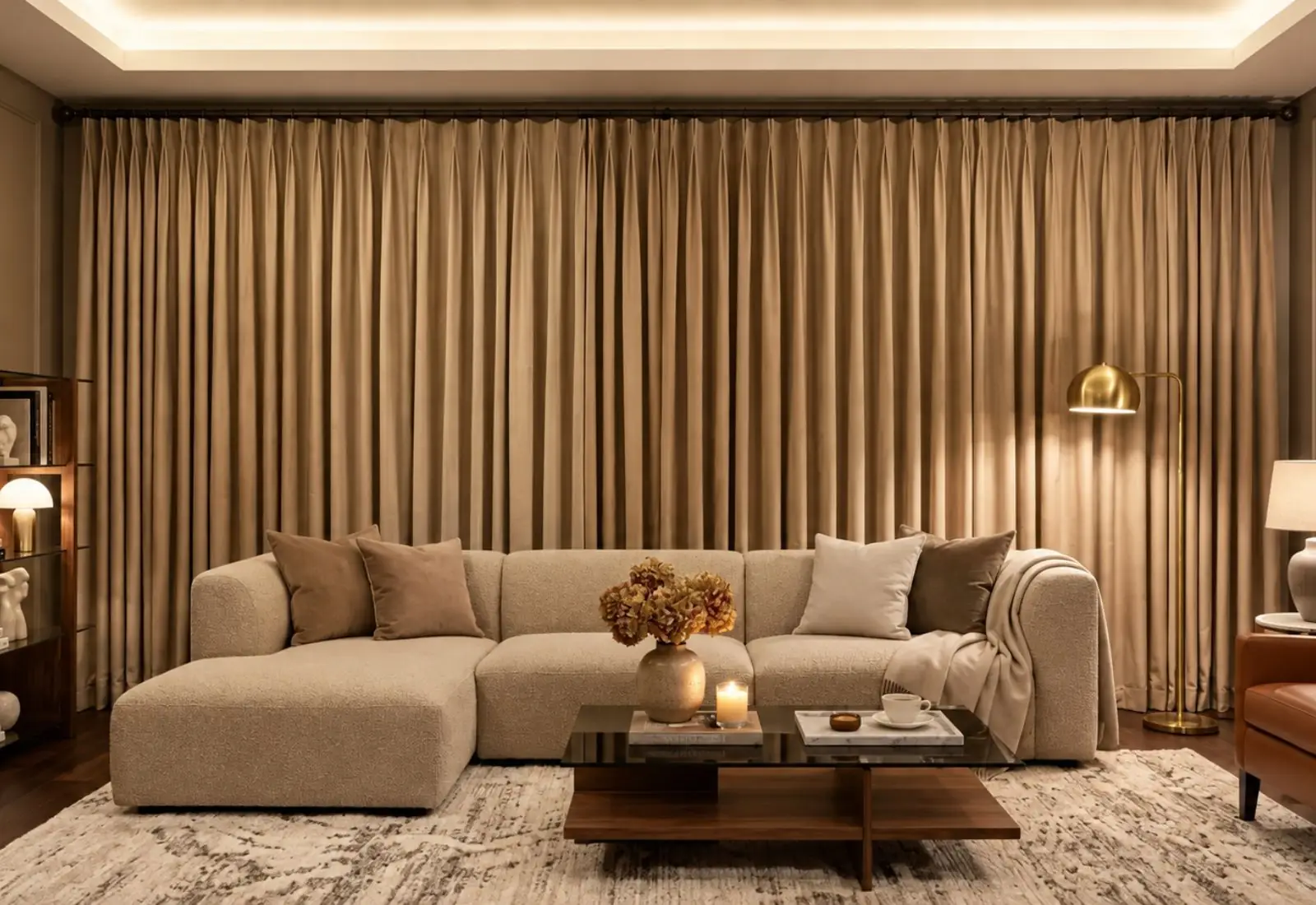 Soundproof curtain installed in living room interior