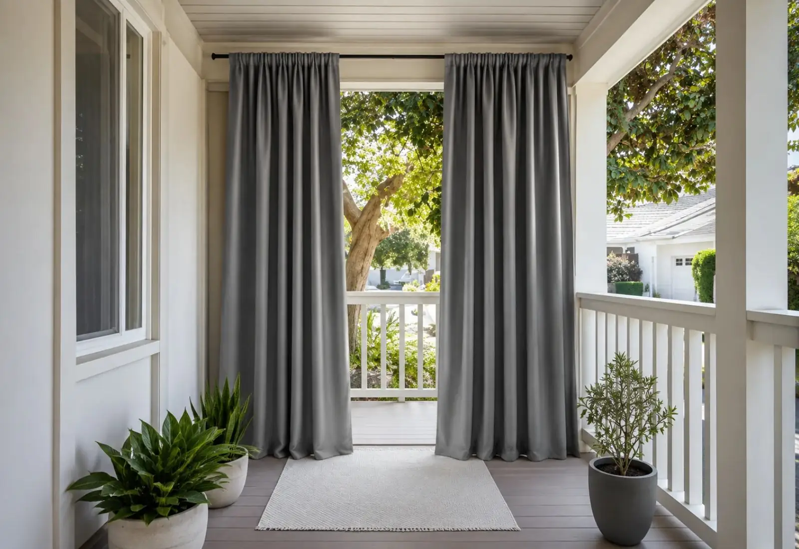 Triple-weave polyester curtain installed in modern space