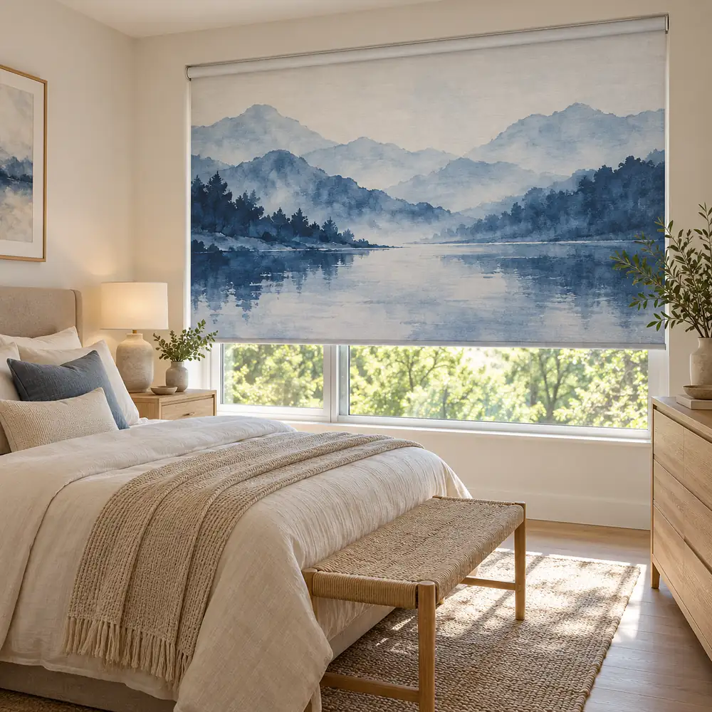 Watercolor Printed Blinds In Bedroom