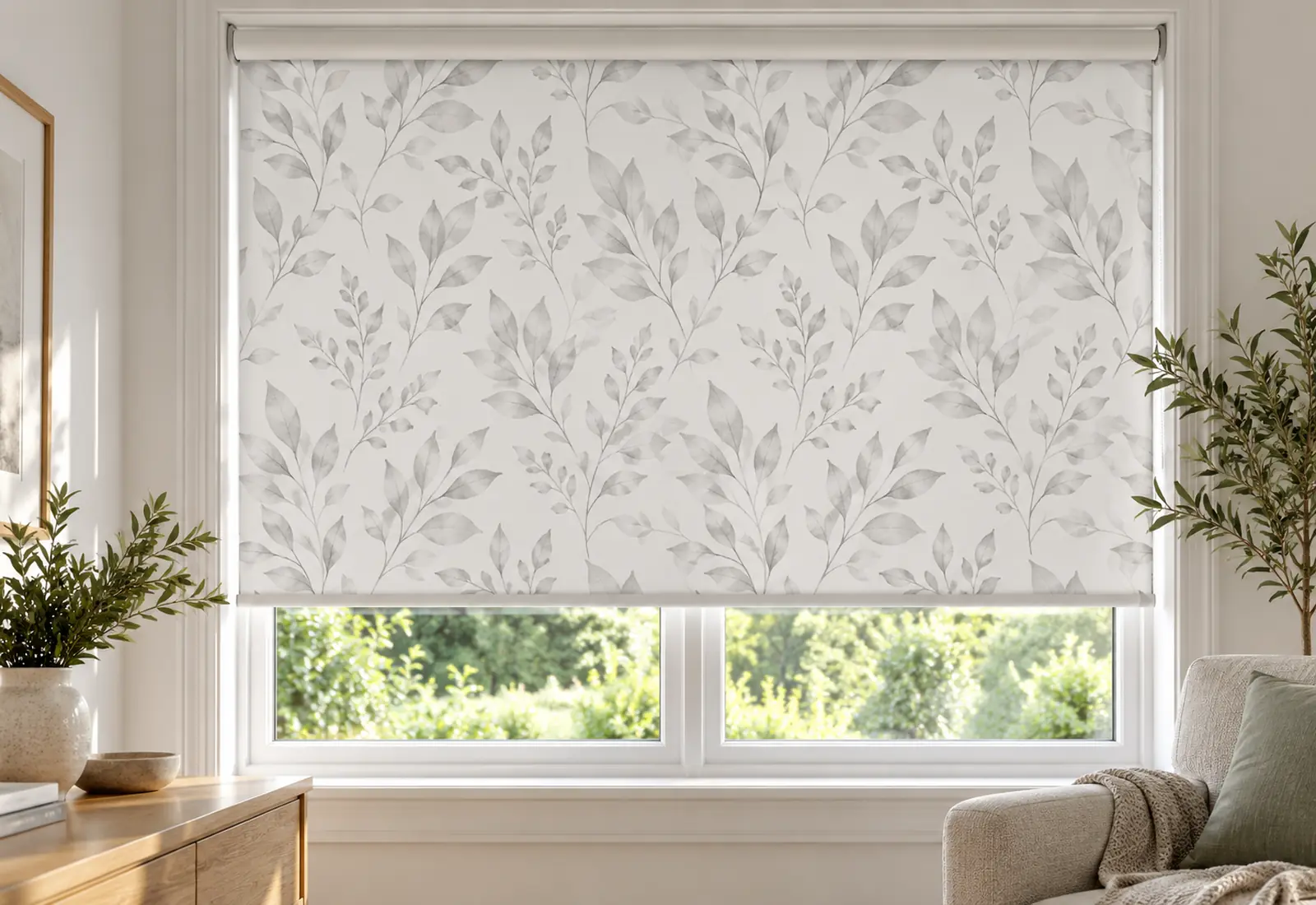 White Botanical Printed Roller Blind