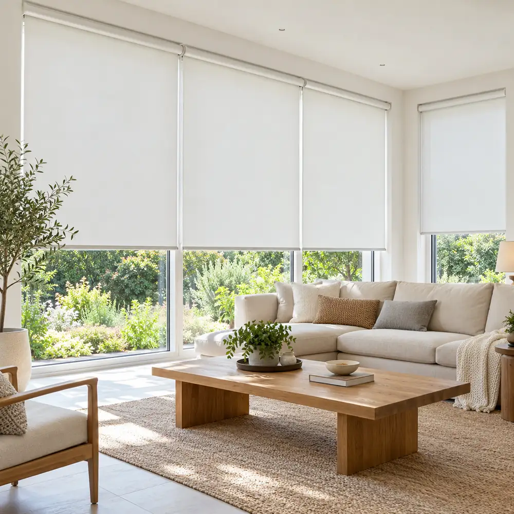 White Roller Blinds In Lounge
