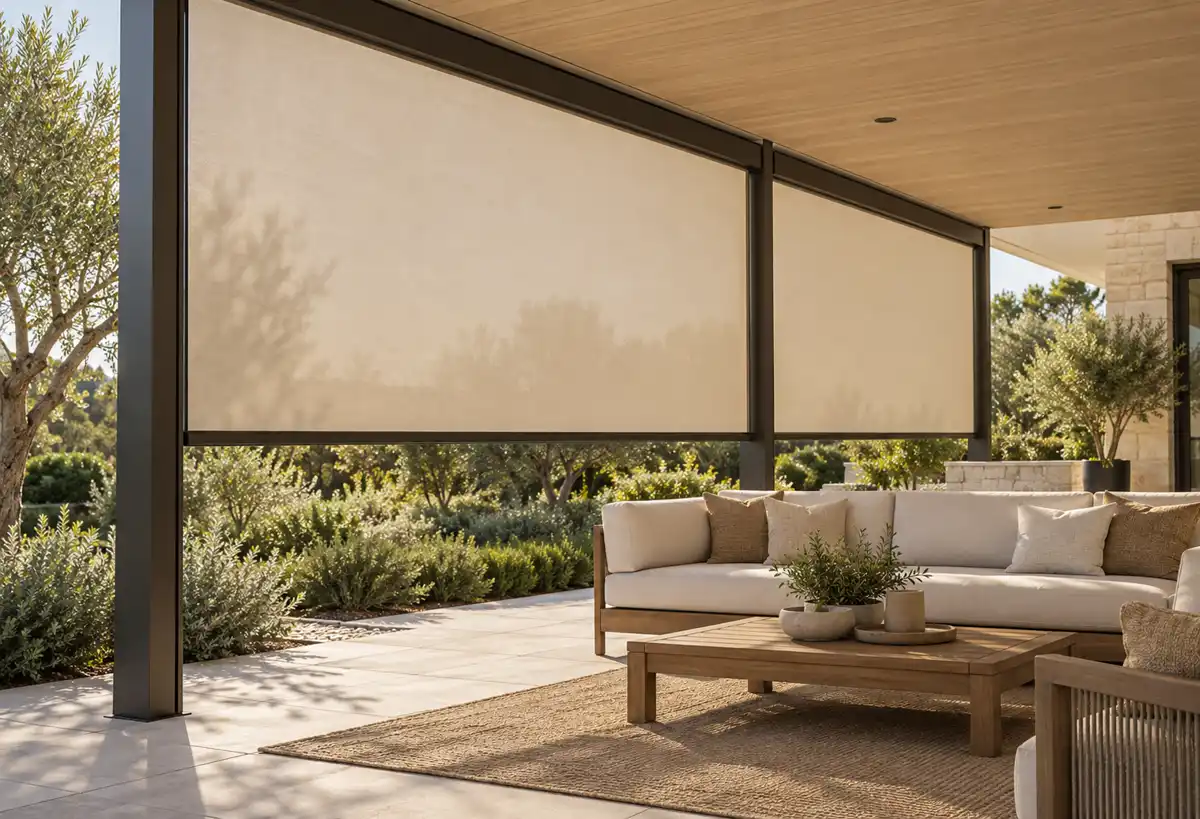 Beige exterior blinds above cream patio seating