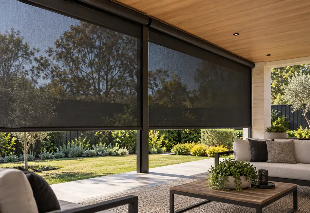 Black mesh shades beside an outdoor lounge