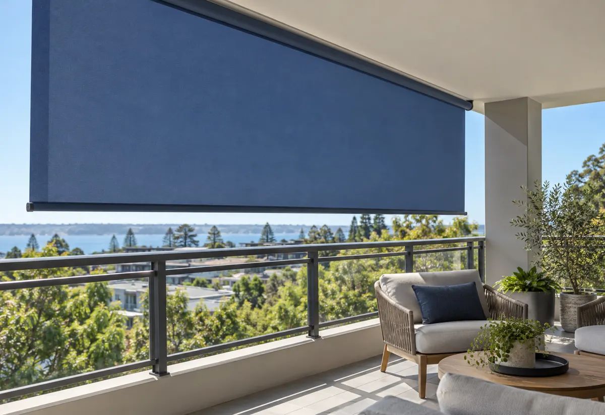 Navy roller blind above a furnished balcony