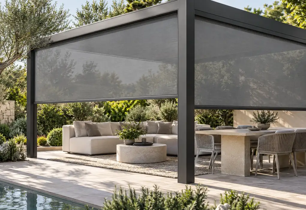 Grey zip screens around a garden pergola