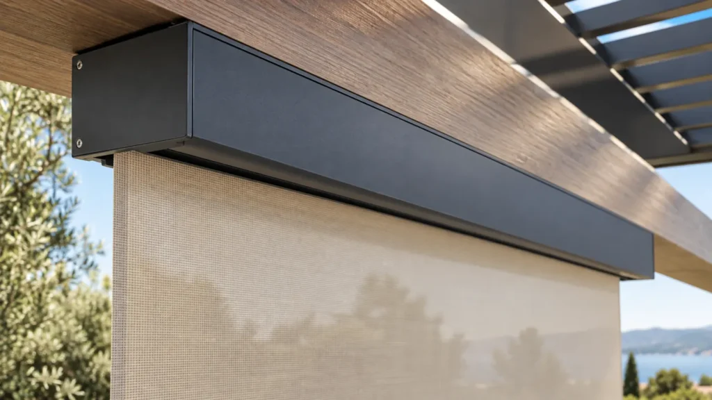 Charcoal headbox above a beige outdoor screen