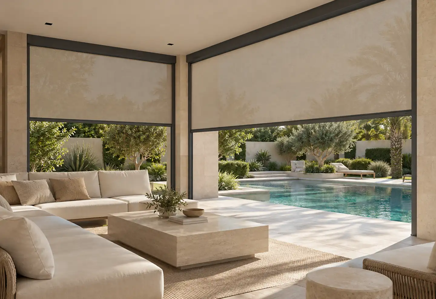 Beige zip blinds beside a villa pool