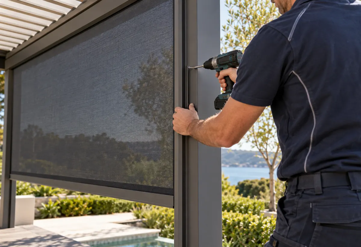 Installer fixing a zip screen guide rail