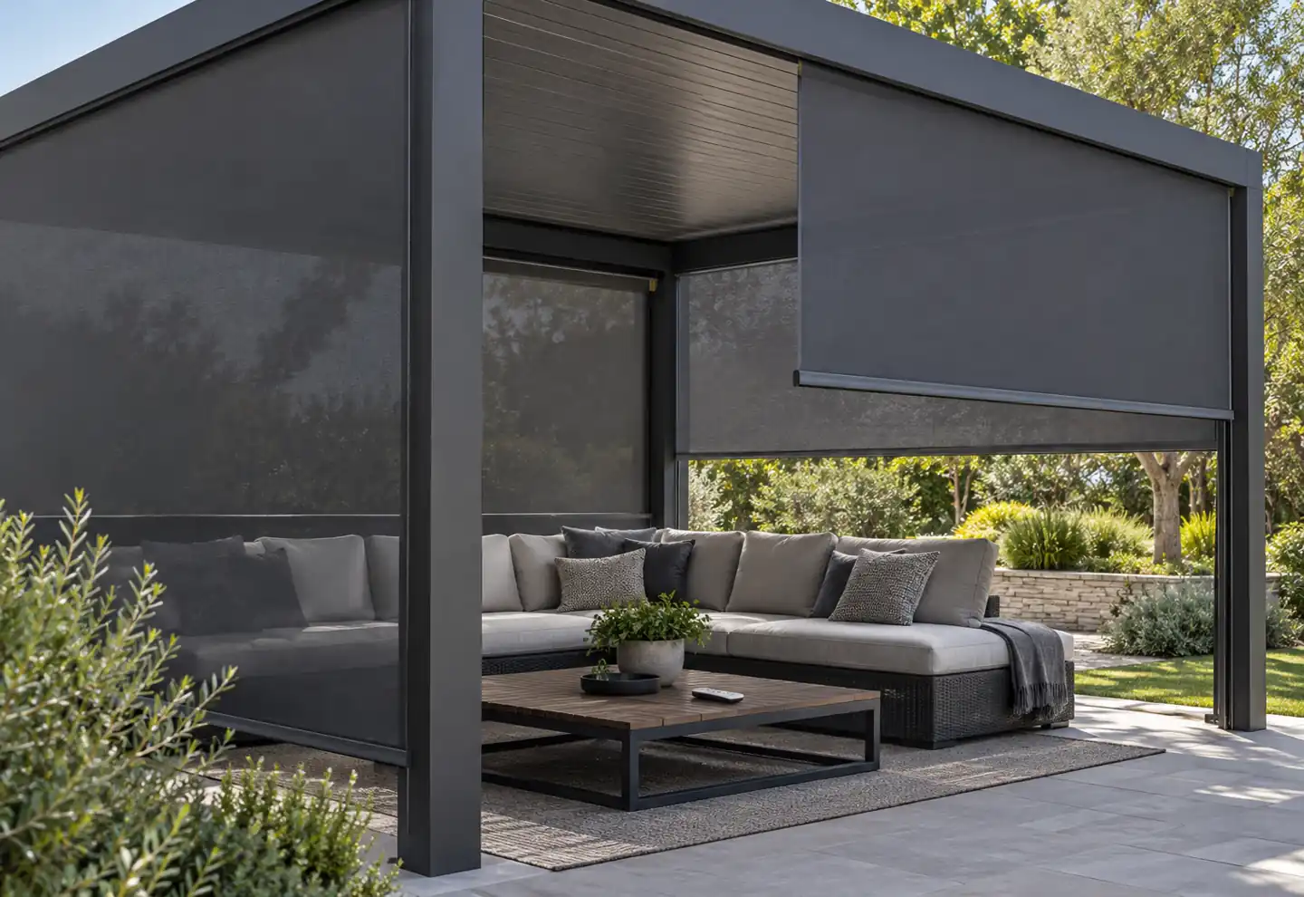 Charcoal screens enclosing a garden pergola