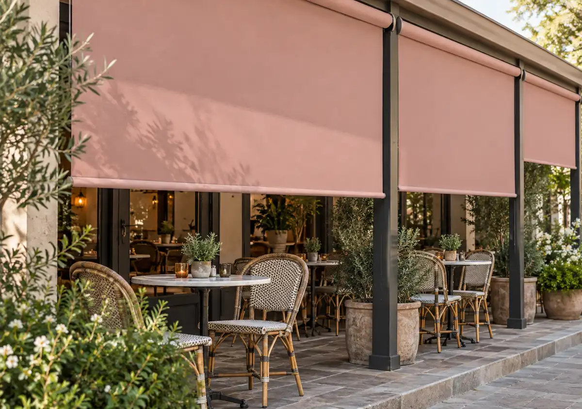 Dusty pink roller shades on a cafe terrace