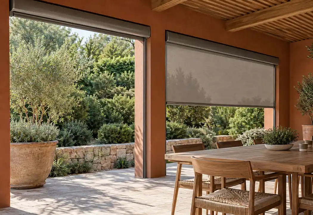 Retractable sun screen above terrace dining