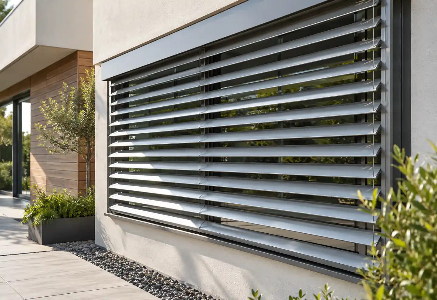 Silver exterior slats shading a villa window
