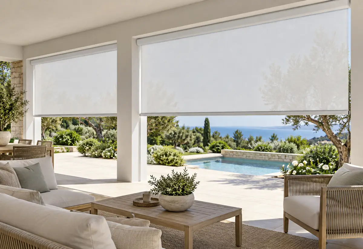 White roller screens shading poolside seating