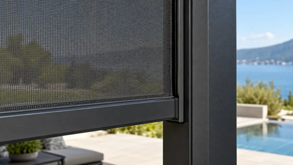 Black side channel holding an outdoor mesh screen