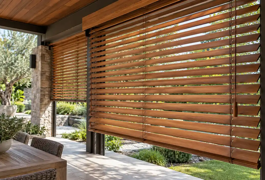 Teak slats shading a covered courtyard