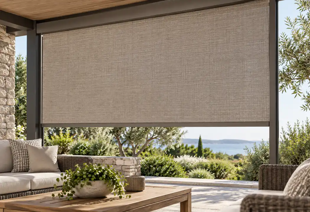 Taupe woven roller shade on an open veranda