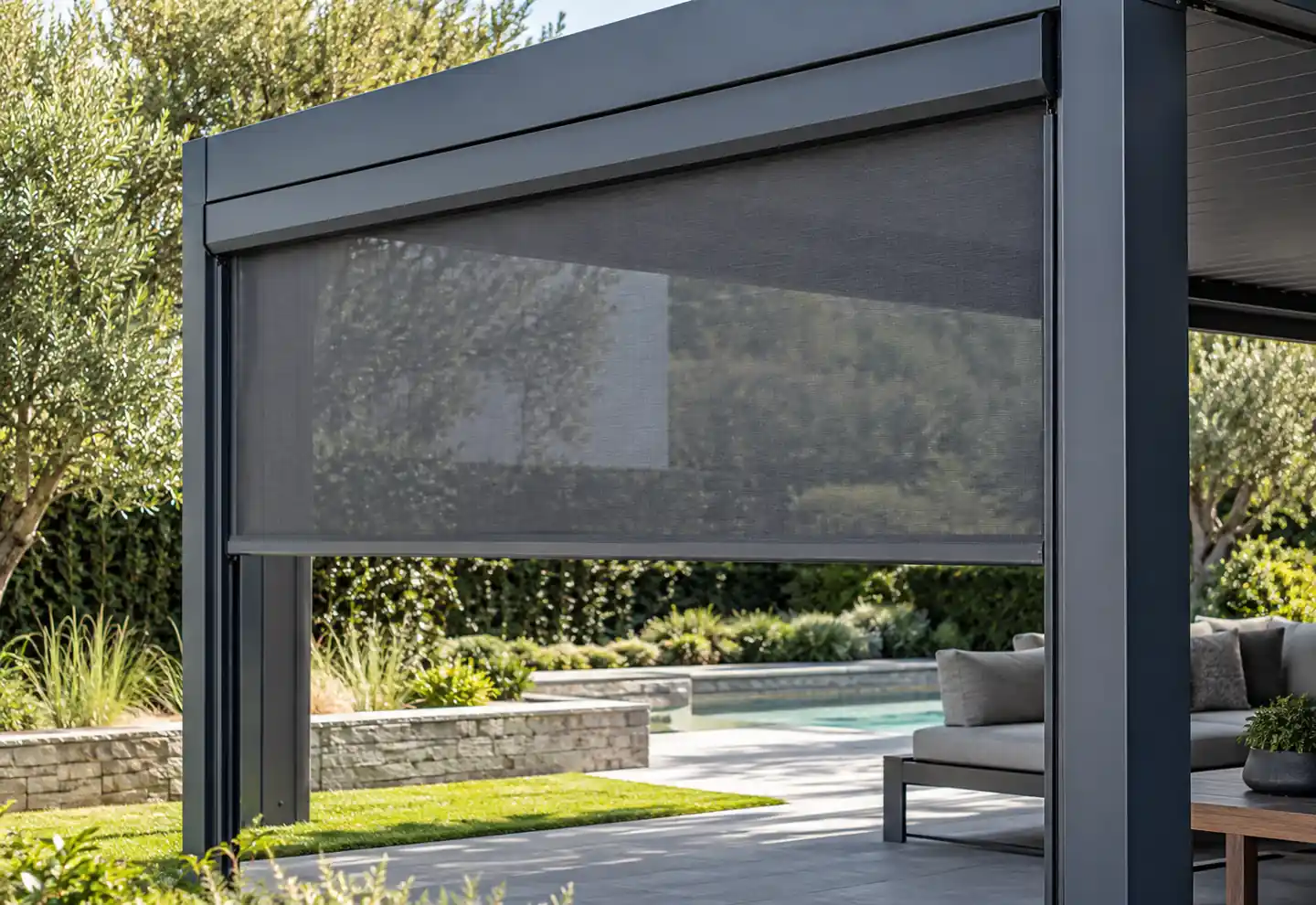 Grey zip screen held in pergola side tracks