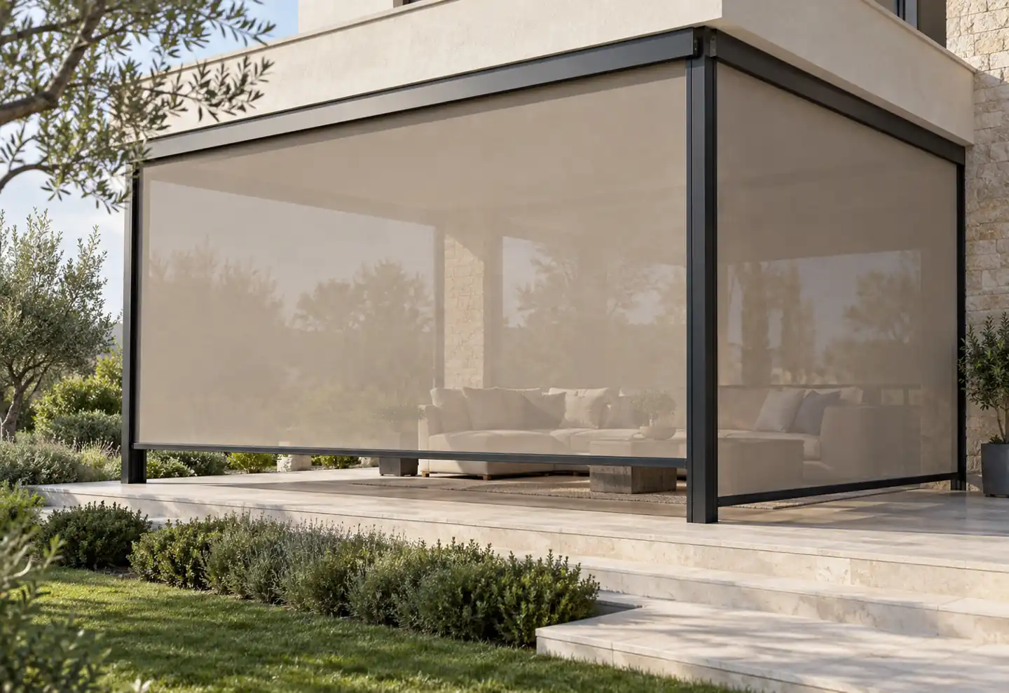 Taupe zip screens enclosing a villa terrace
